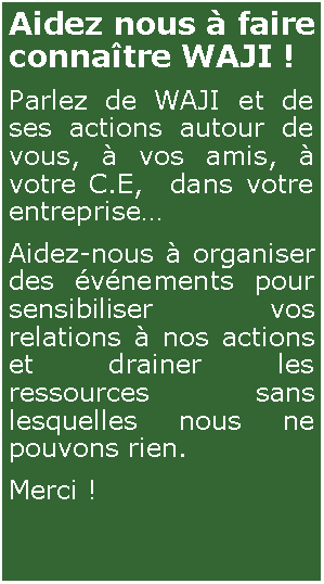 Zone de Texte: Aidez nous à faire connaître WAJI !Parlez de WAJI et de ses actions autour de vous, à vos amis, à votre C.E,  dans votre entreprise…Aidez-nous à organiser des événements pour sensibiliser vos relations à nos actions et drainer les ressources sans lesquelles nous ne pouvons rien.Merci !